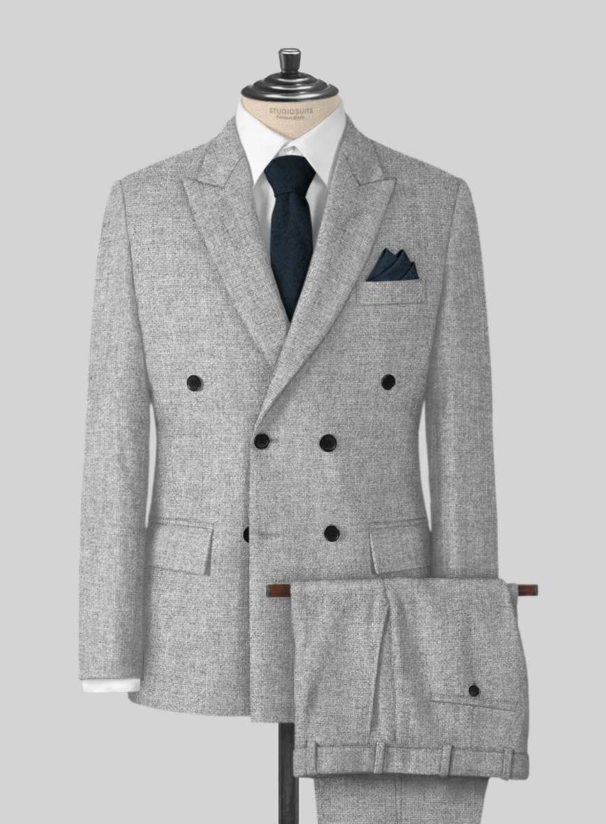 Rope Weave Light Gray Tweed Double Breasted Suit