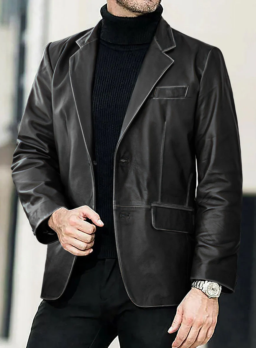 Rubbed Black Leather Blazer - Image 4