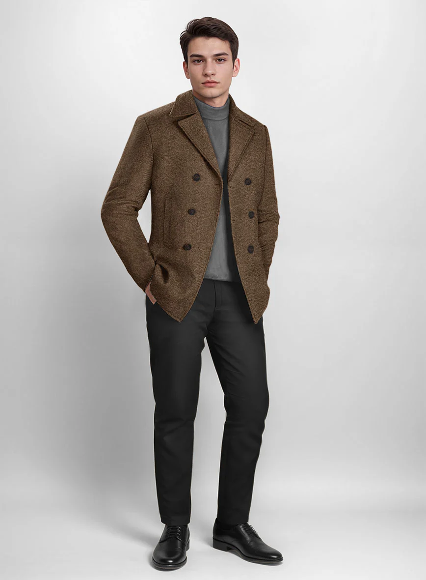 Rust Herringbone Tweed Pea Coat - Image 2