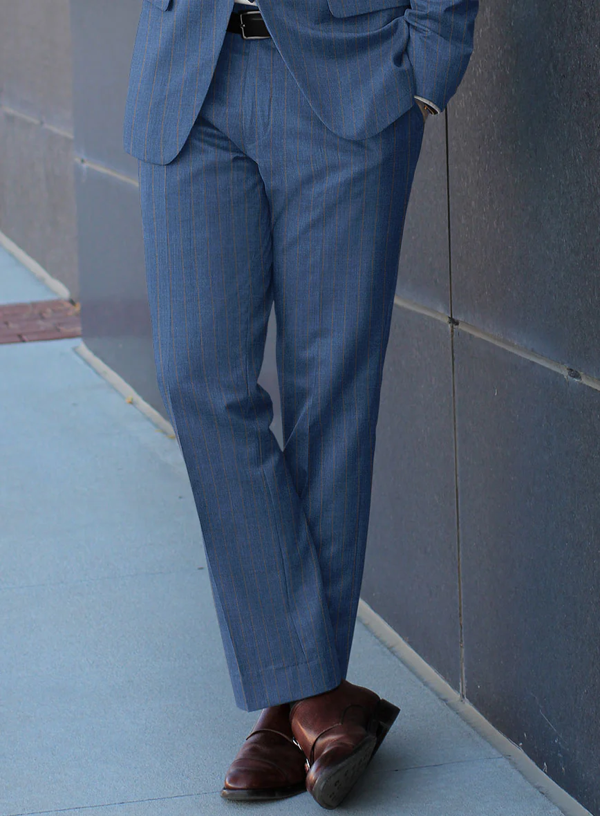 Scabal Cosmopolitan Stripe Flat Blue Wool Pants - Image 2
