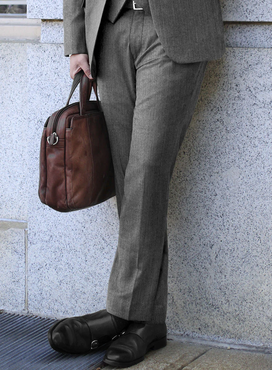 Scabal Lauchi Herringbone Gray Wool Pants - Image 2