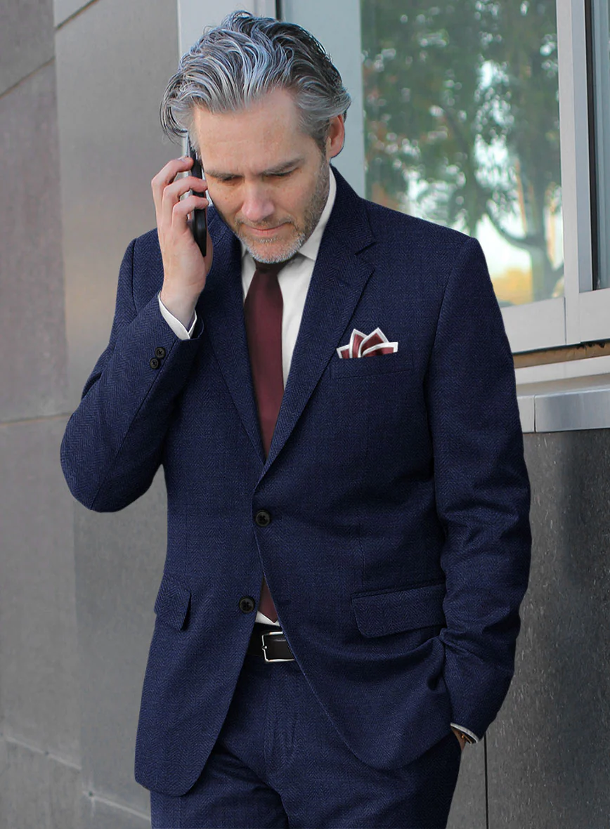 Scabal Navy Blue Herringbone Wool Jacket - Image 2