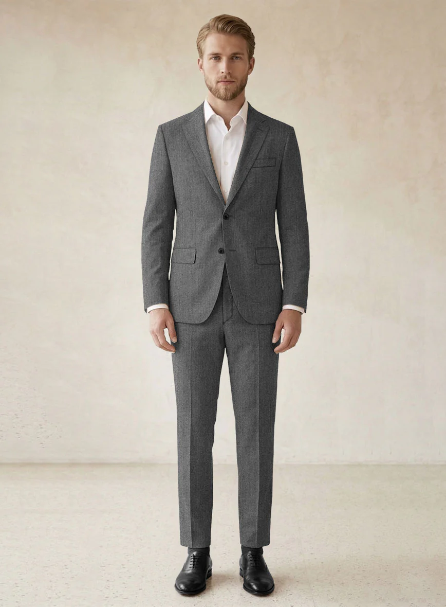 Scabal Sapphire Herringbone Gray Wool Suit