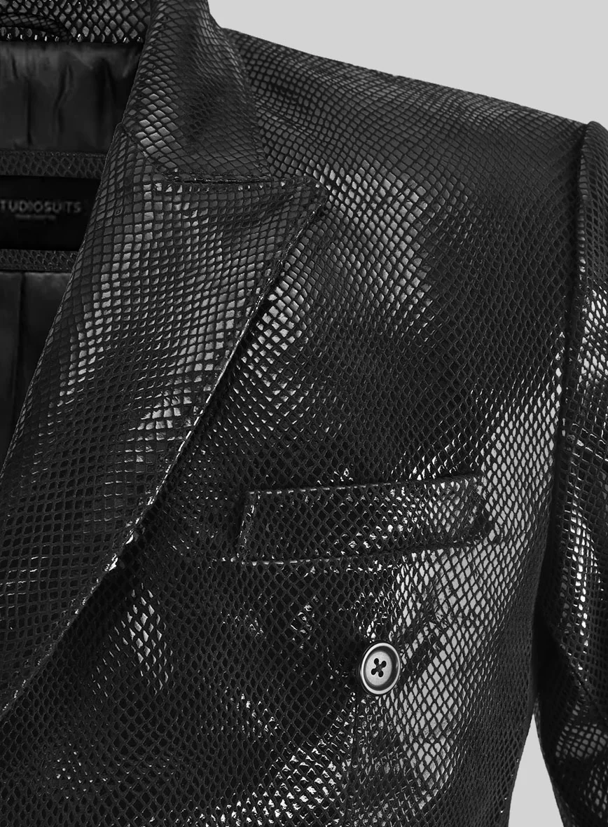 Snake Emboss Black Leather Blazer - Image 4