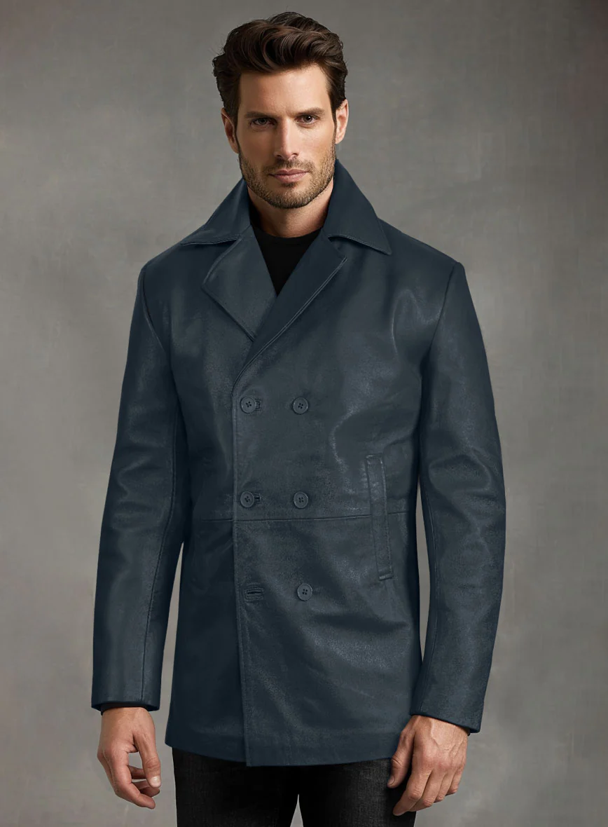 Soft Winsor Blue Leather Pea Coat - Image 2