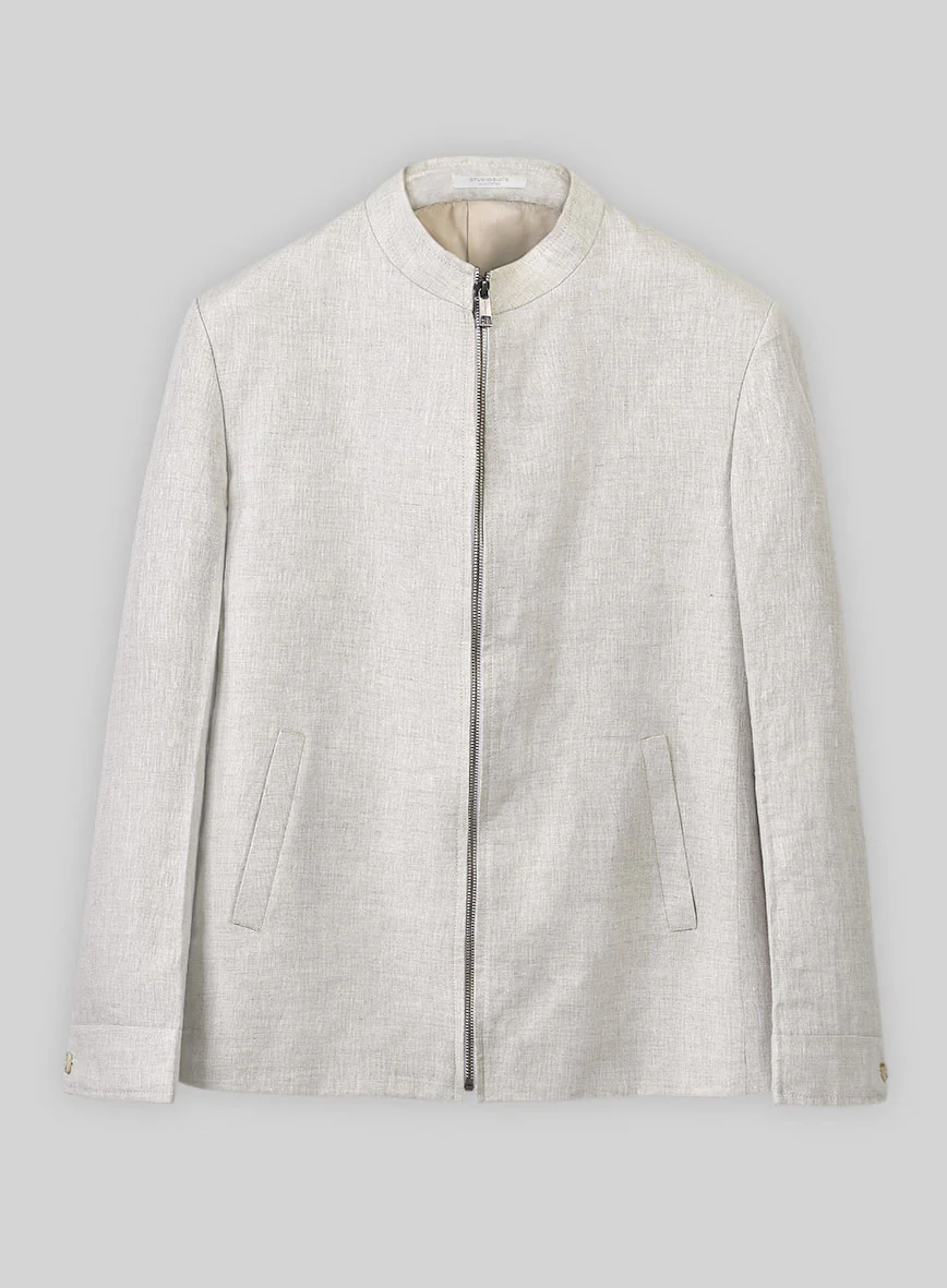 Tropical Beige Linen Zipper Jacket