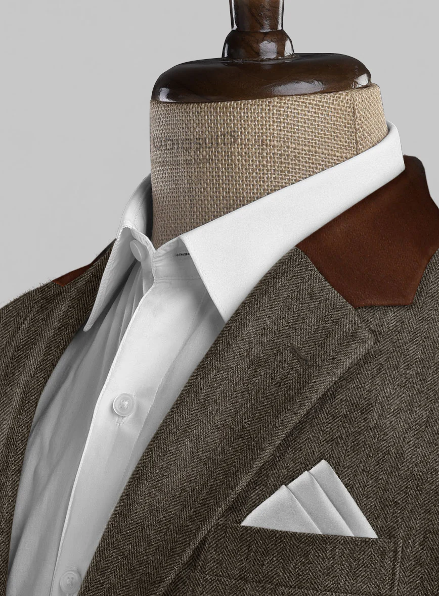 Vintage Dark Brown Herringbone Tweed Jacket - Leather Trims - Image 3