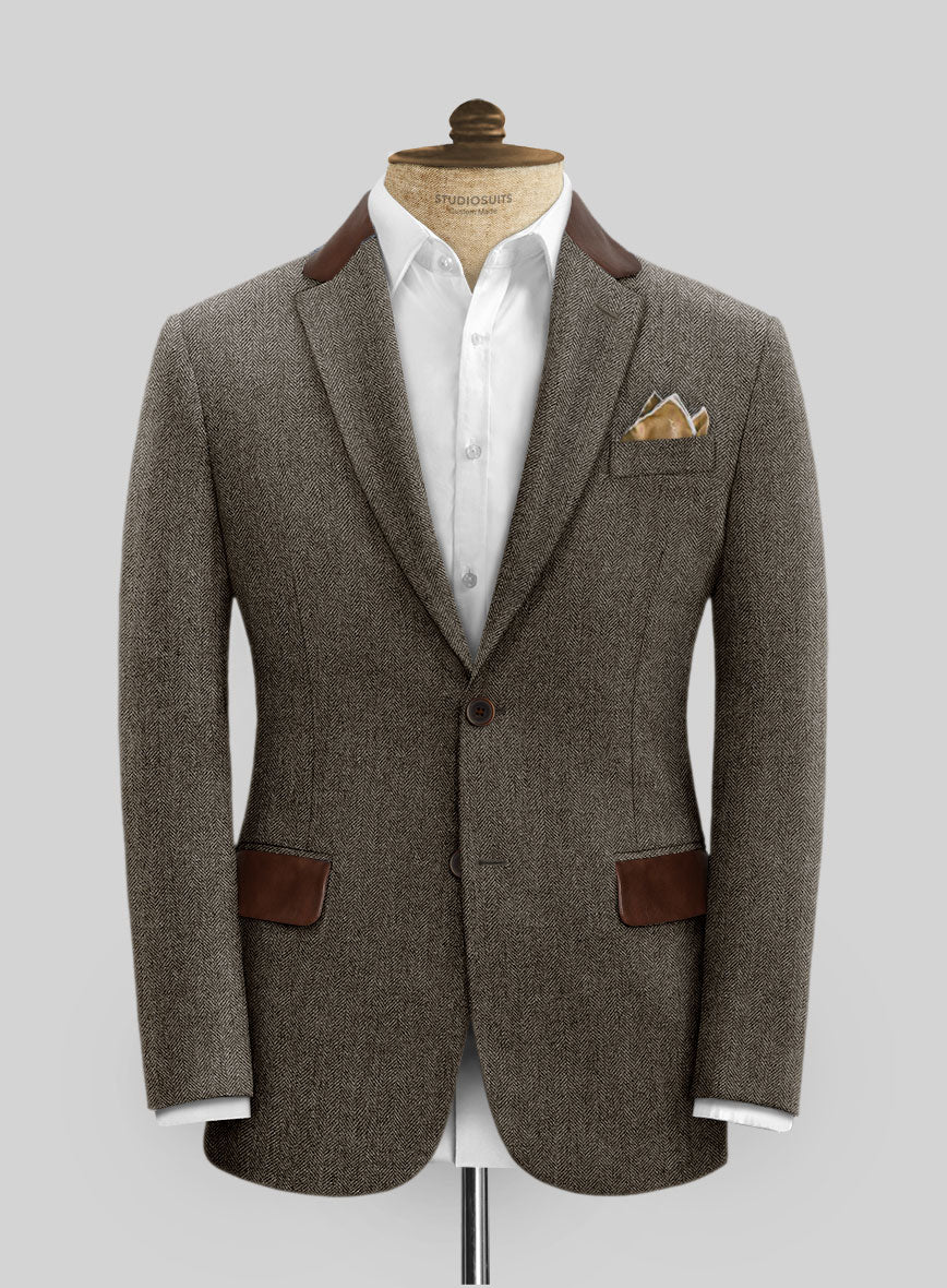 Vintage Dark Brown Herringbone Tweed Suit - Leather Trims - Image 3