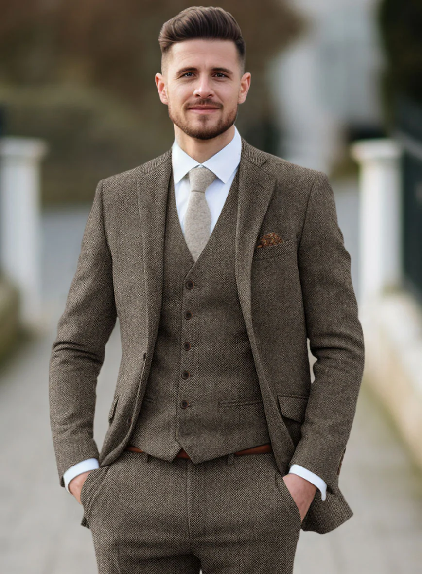 Vintage Dark Brown Herringbone Tweed Suit - Image 3