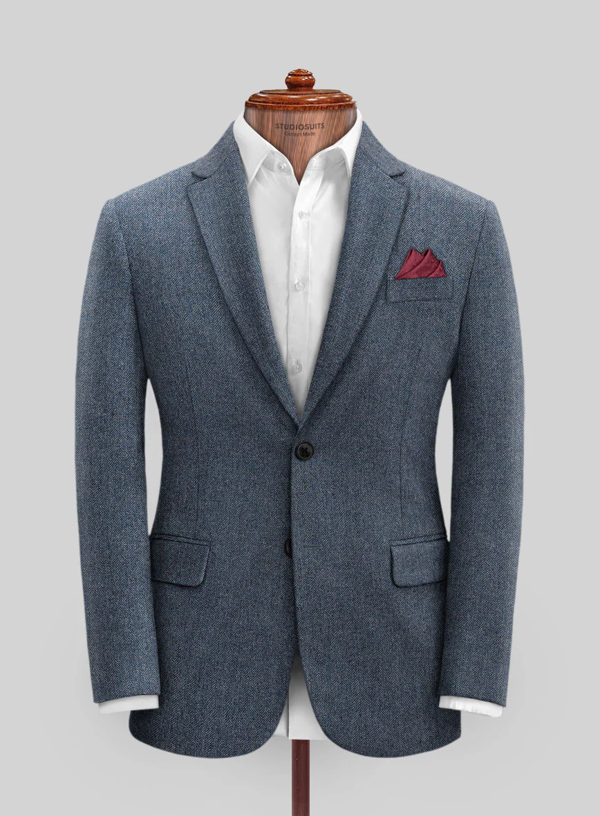 Vintage Herringbone Blue Tweed Jacket - Image 3