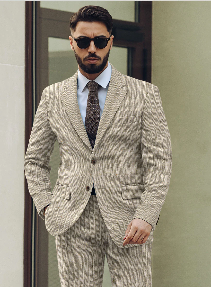 Vintage Herringbone Light Beige Tweed Jacket - Image 2