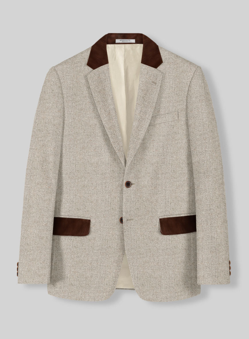 Vintage Herringbone Light Beige Tweed Jacket - Leather Trims