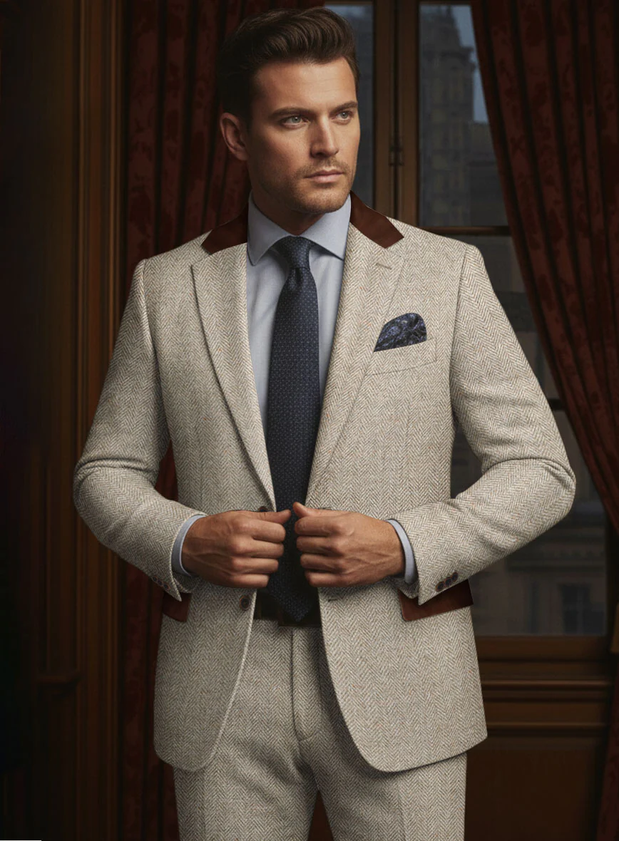 Vintage Herringbone Light Beige Tweed Jacket - Leather Trims - Image 2