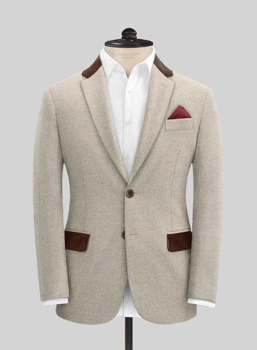 Vintage Herringbone Light Beige Tweed Jacket - Leather Trims - Image 3