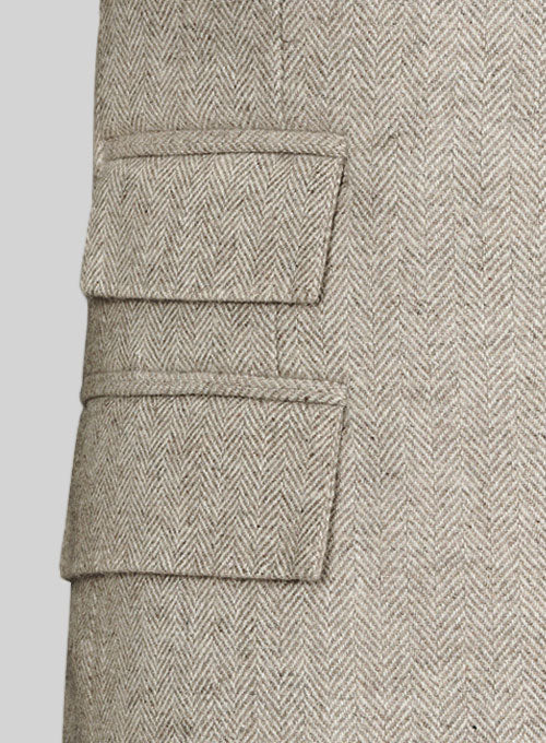 Vintage Herringbone Light Beige Tweed Long Coat - Image 5