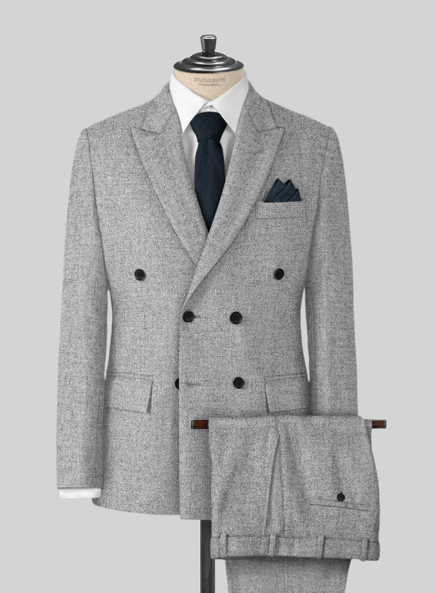 Vintage Plain Gray Tweed Double Breasted Suit