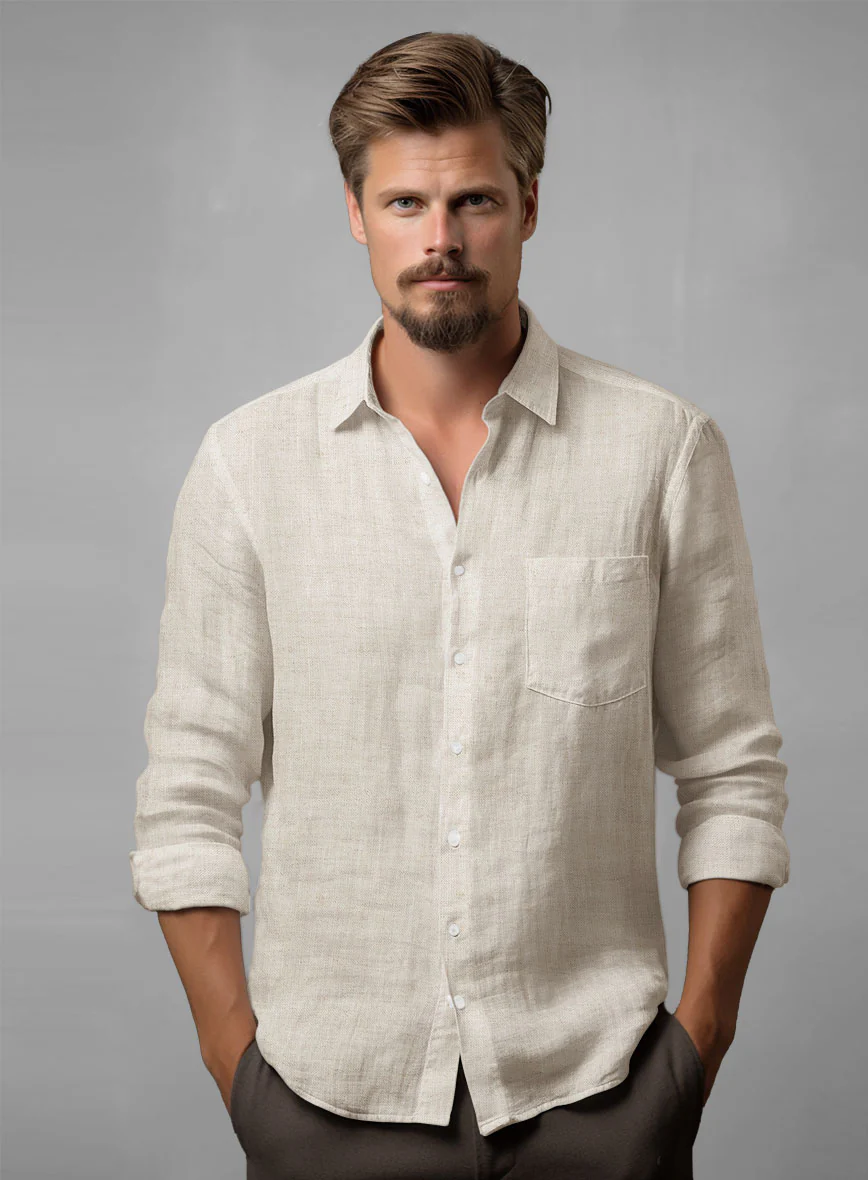 Washed Light Beige Linen Shirt - Image 2