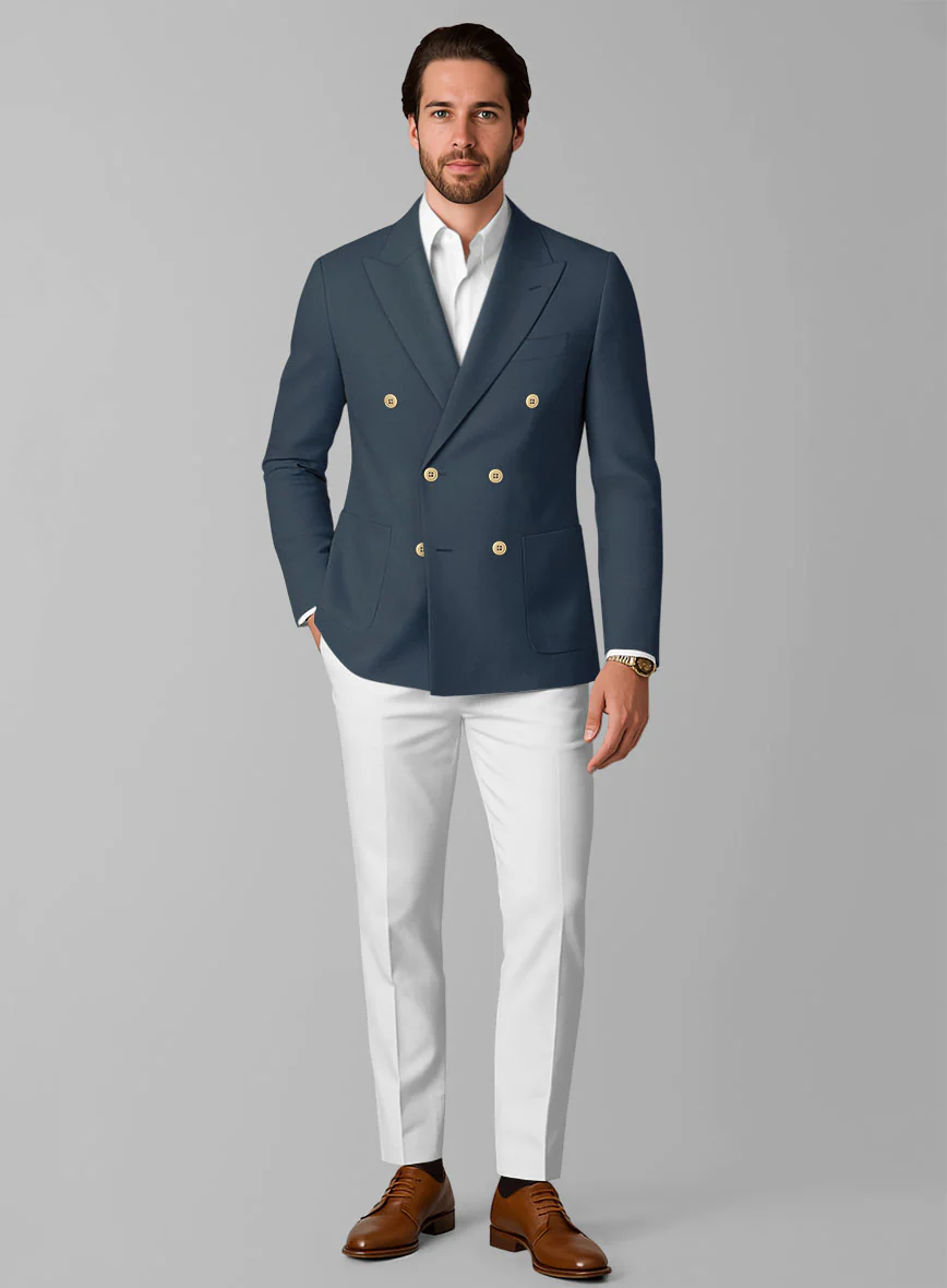 White Blue Cotton Double Breasted Suit