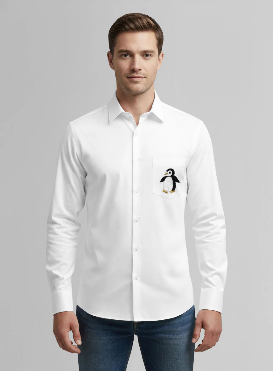 White Cotton Penguin Embroidered Shirt