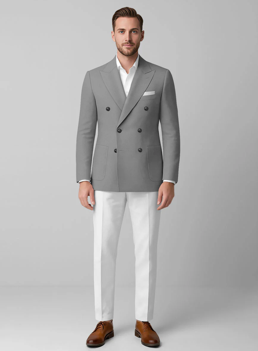White Gray Cotton Double Breasted Suit