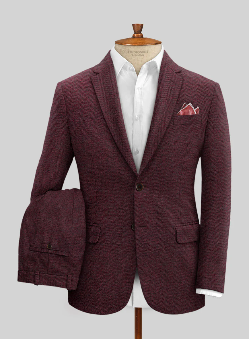 Wine Herringbone Tweed Suit - Image 2
