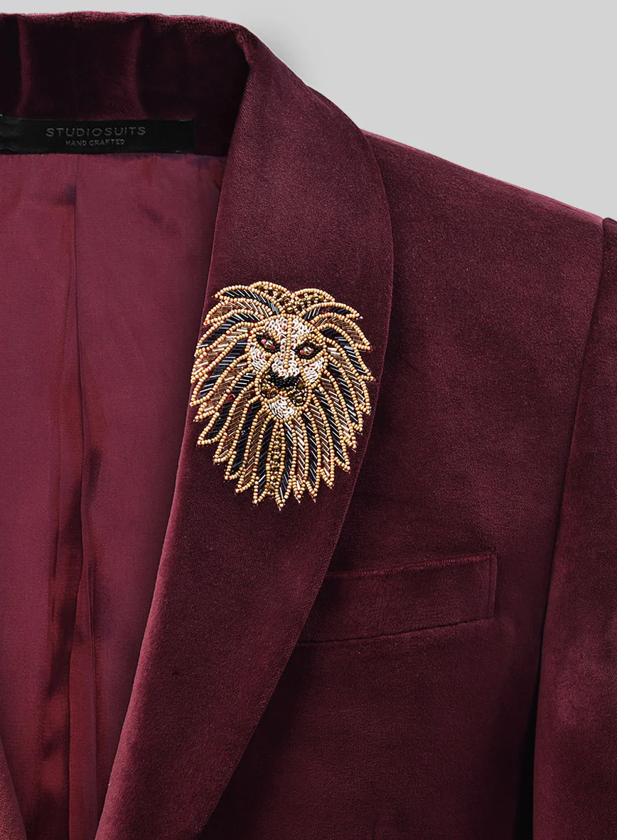 Wine Velvet Blazer - Lion Handwork - Image 3