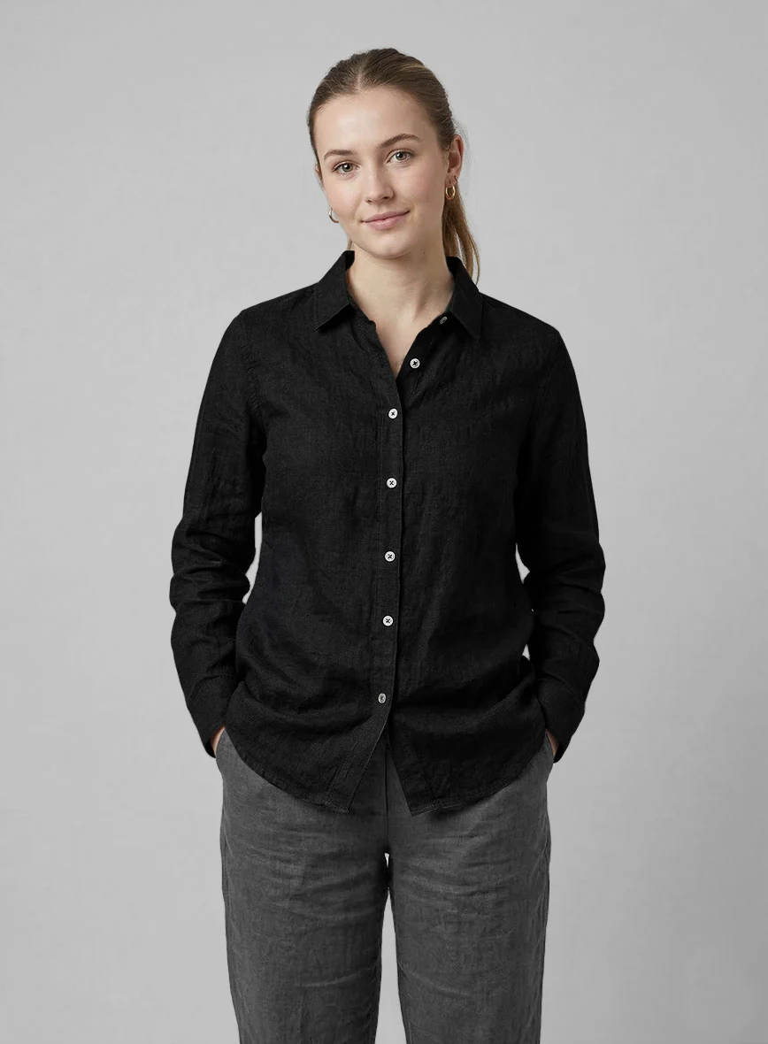 Women's European Black Linen Shirt