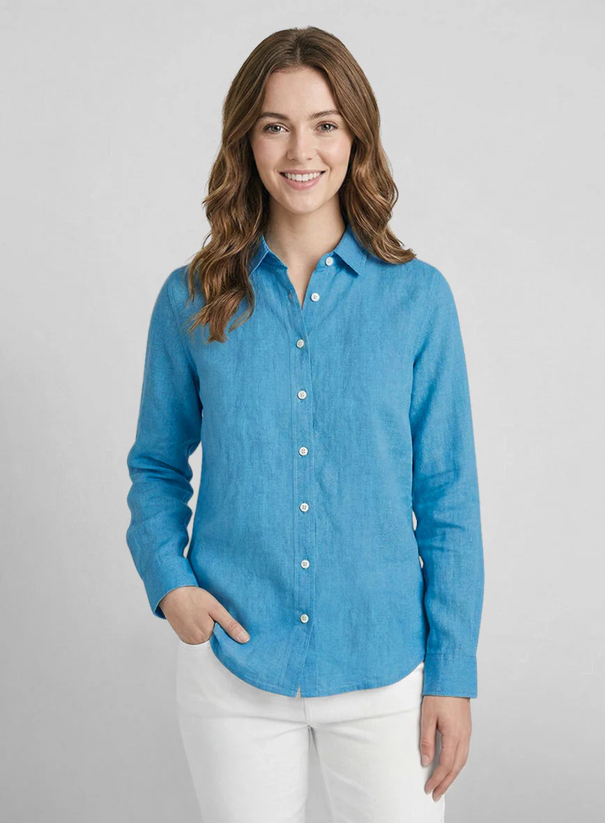 Women's European Blue Linen Shirt