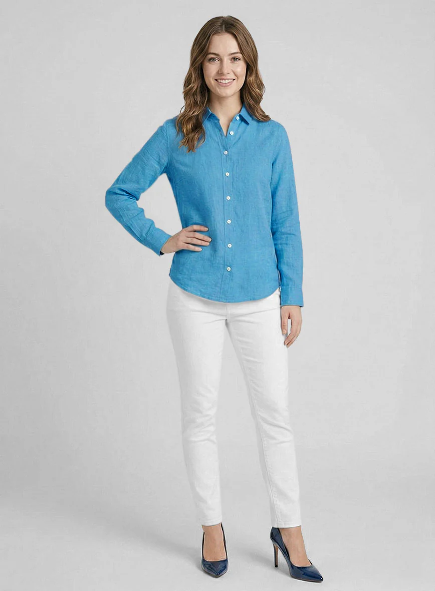 Women's European Blue Linen Shirt - Image 2
