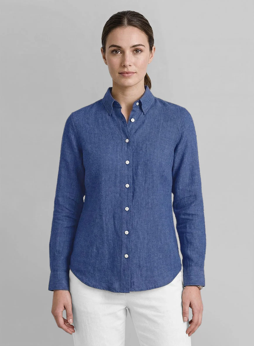 Women's European Cruise Blue Linen Shirt