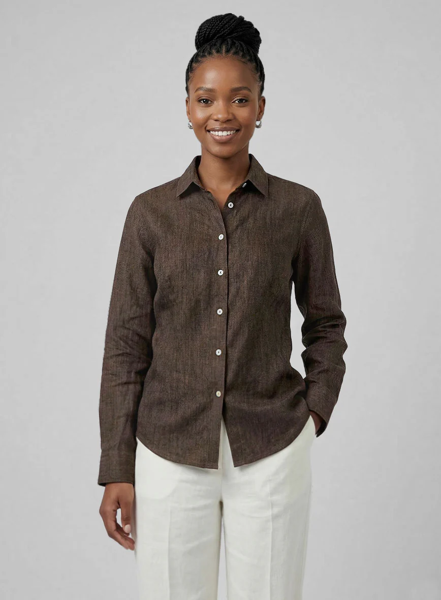 Women's European Dark Brown Linen Shirt