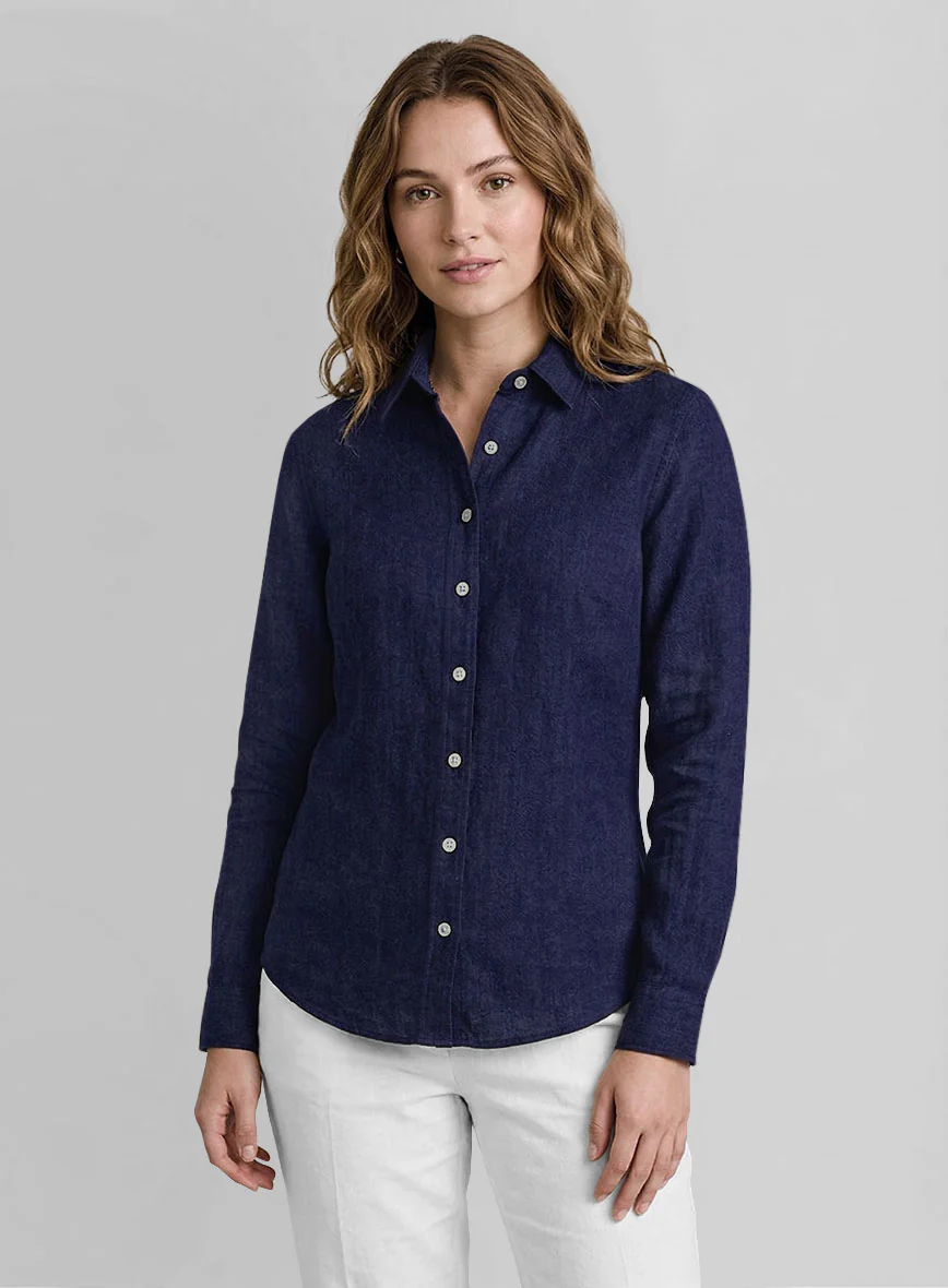 Women's European Indigo Blue Linen Shirt