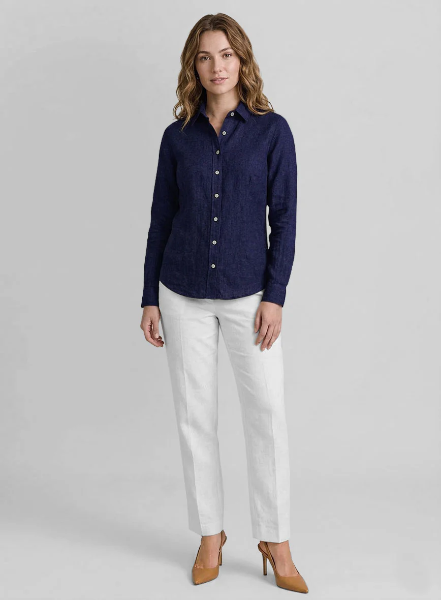 Women's European Indigo Blue Linen Shirt - Image 2