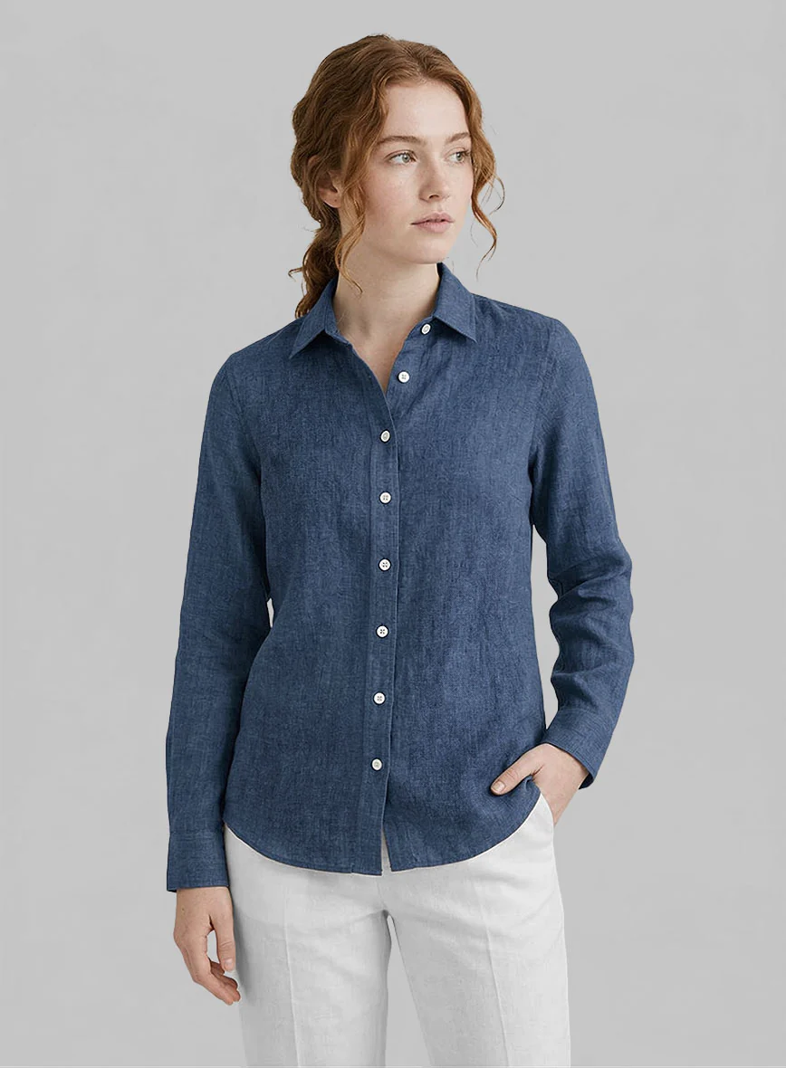 Women's European Nile Blue Linen Shirt