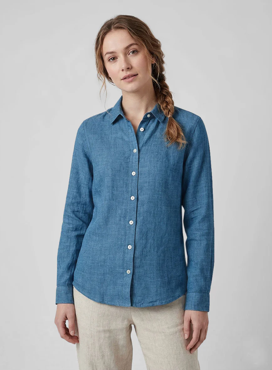 Women's European Phthalo Blue Linen Shirt