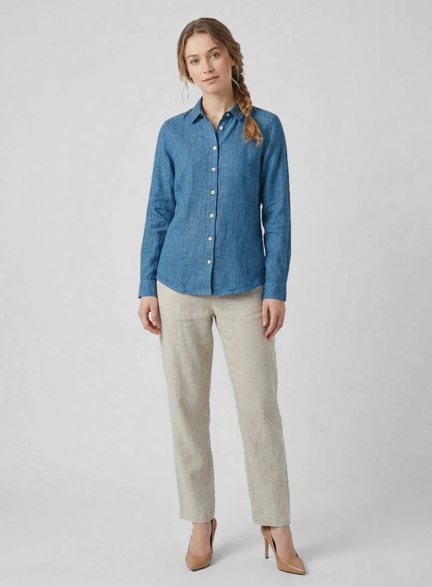 Women's European Phthalo Blue Linen Shirt - Image 2