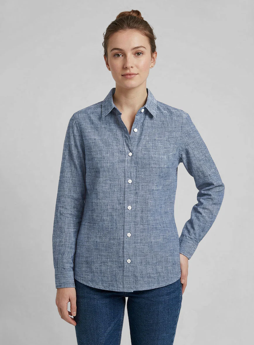 Women's European Smalt Blue Linen Shirt
