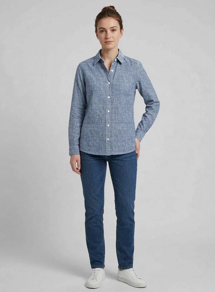 Women's European Smalt Blue Linen Shirt - Image 2