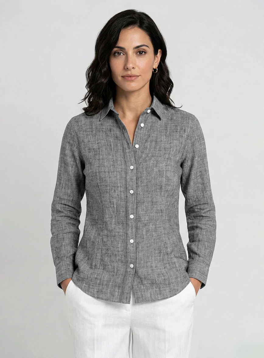 Women's European Smoky Black Linen Shirt