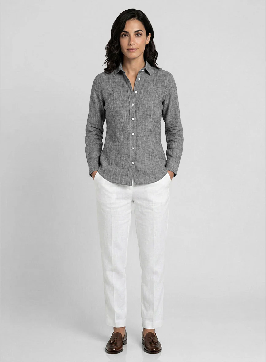 Women's European Smoky Black Linen Shirt - Image 2