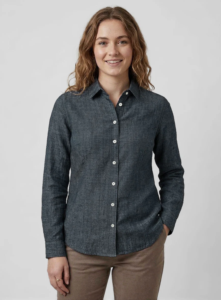 Women's European Whale Blue Linen Shirt