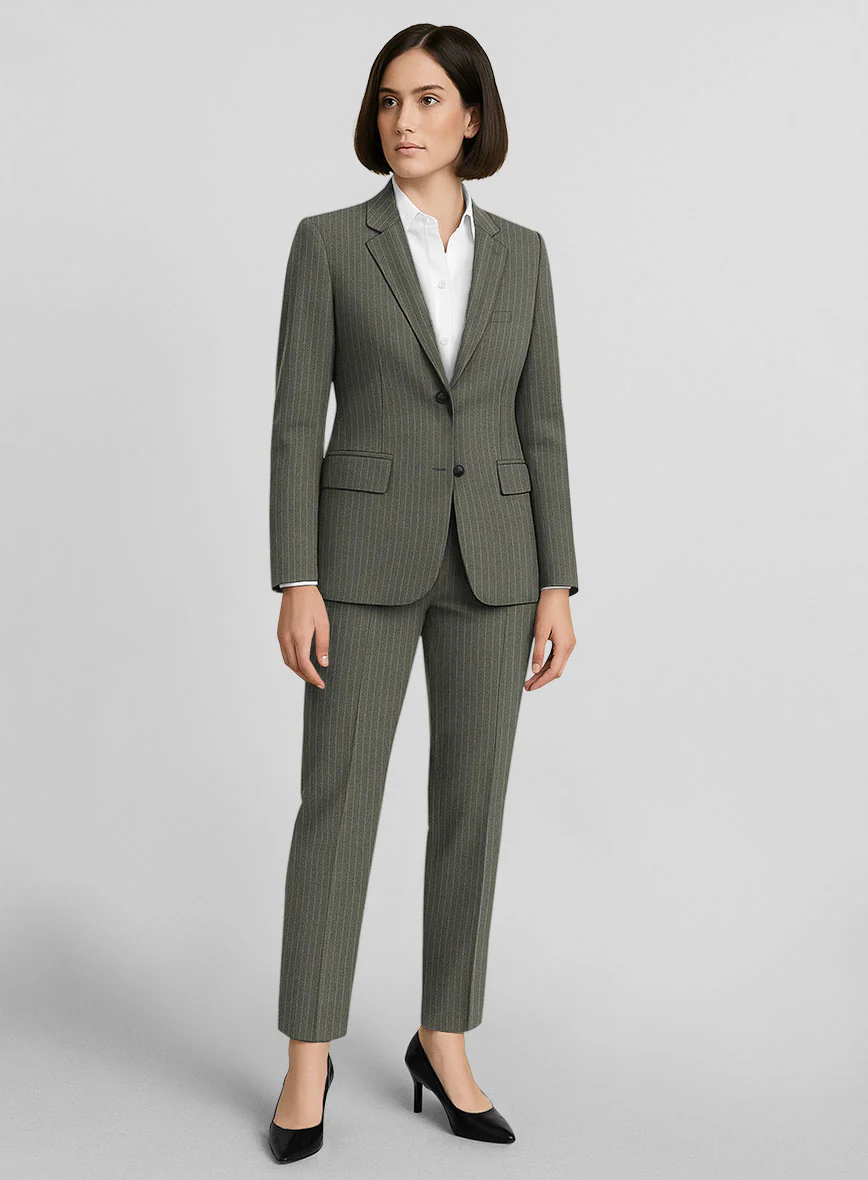Women's Olive Green Pinstripe Suit