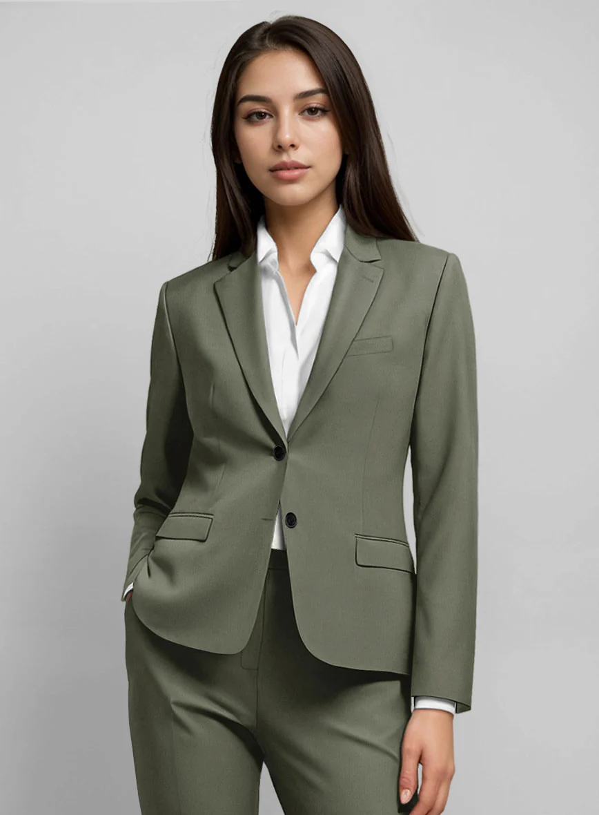 Women's Stretch Summer Weight Olive Green Chino Suit - Image 2