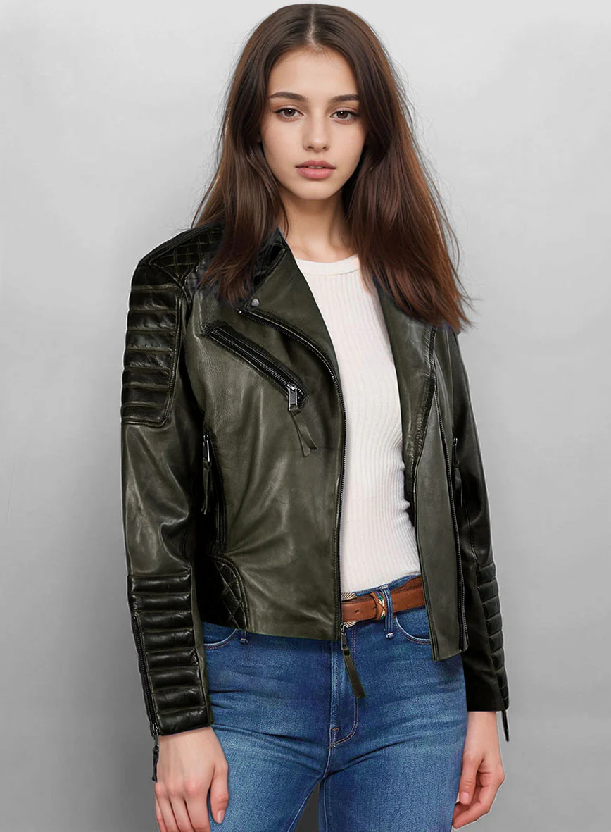 Women's Valencia Burnt Olive Leather Jacket - Image 4
