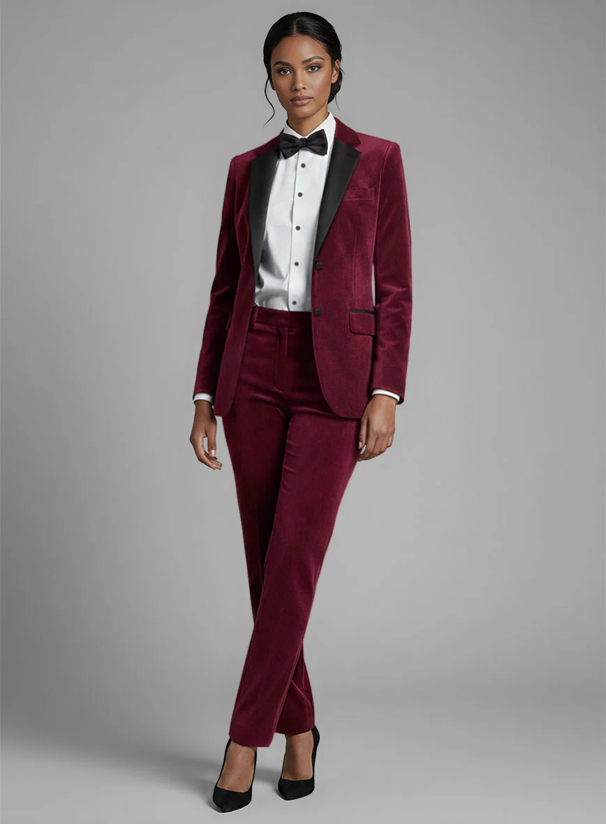 Women's Wine Velvet Tuxedo Suit